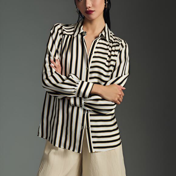 Anthropologie Tops - Anthropologie Maeve Silky Striped Long Sleeve Button Down Shirt Black White Sz M